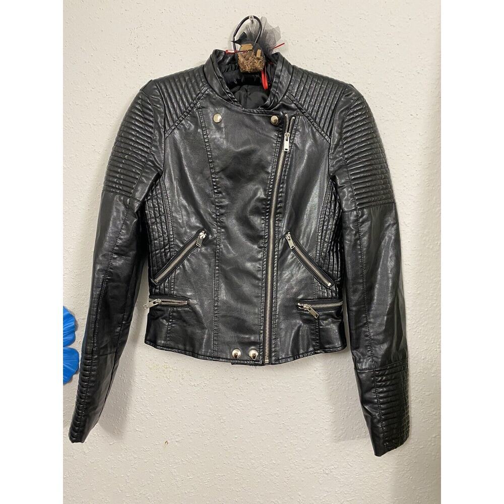 WOMEN'S BLACK FAUX VEGAN LEATHER MOTO BIKER JACKET SIZE SMALL ZIPS POCKETS PUNK
